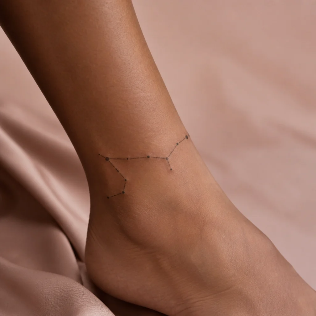 Aries constellation wrapping the ankle as a delicate star band in fine black dotwork on a medium skin tone