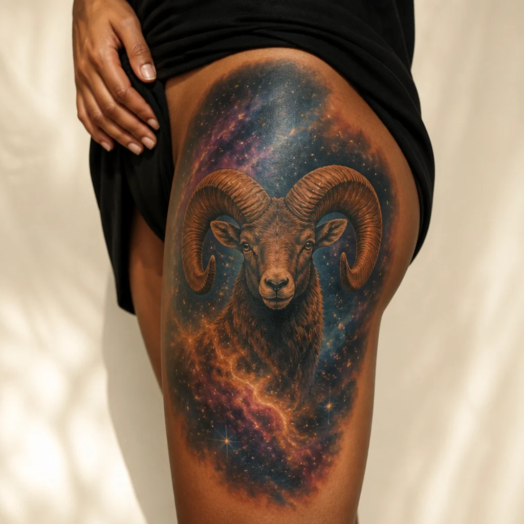 Ram head set against a colorful cosmic nebula tattoo with stars in blues, purples, and warm tones on the thigh