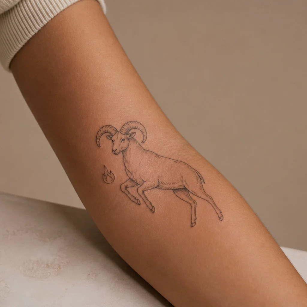 Forearm Aries ram tattoo in fine black linework with a small fire glyph, shown on healed adult skin under soft studio light