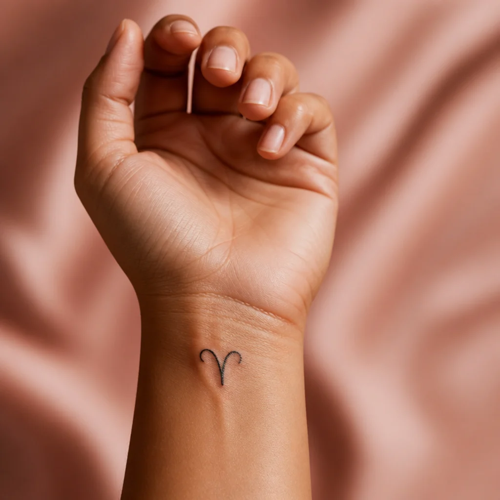 Small fine-line Aries ram-horn glyph tattooed in black on the inner wrist