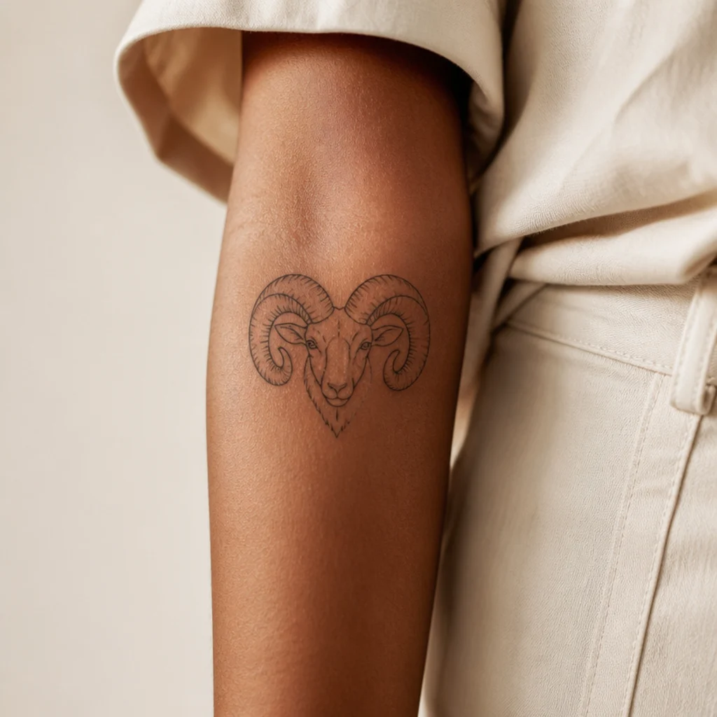 Delicate fine-line Aries ram head with curled horns tattooed on the outer forearm