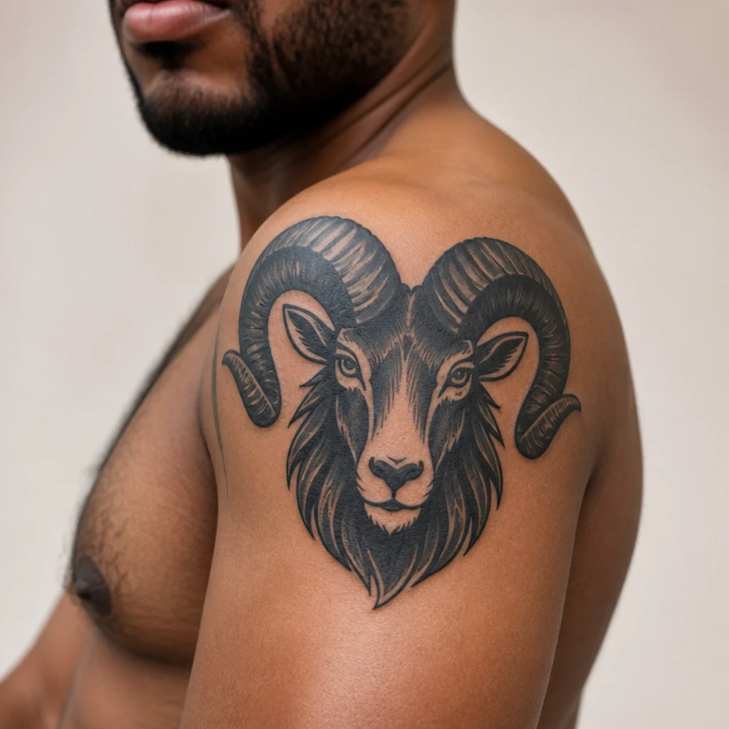 Bold black-ink Aries ram head with heavy horns tattooed across the upper arm