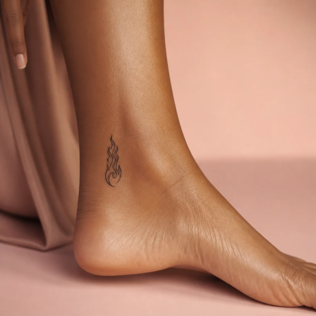 Stylized flame representing the Aries fire element tattooed on the inner ankle in black line