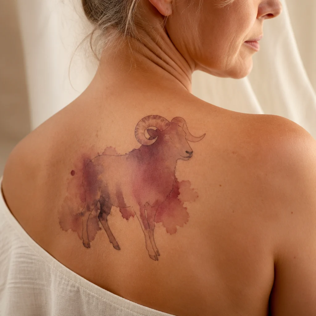 Ram silhouette filled with soft blush and berry watercolor washes on the shoulder blade