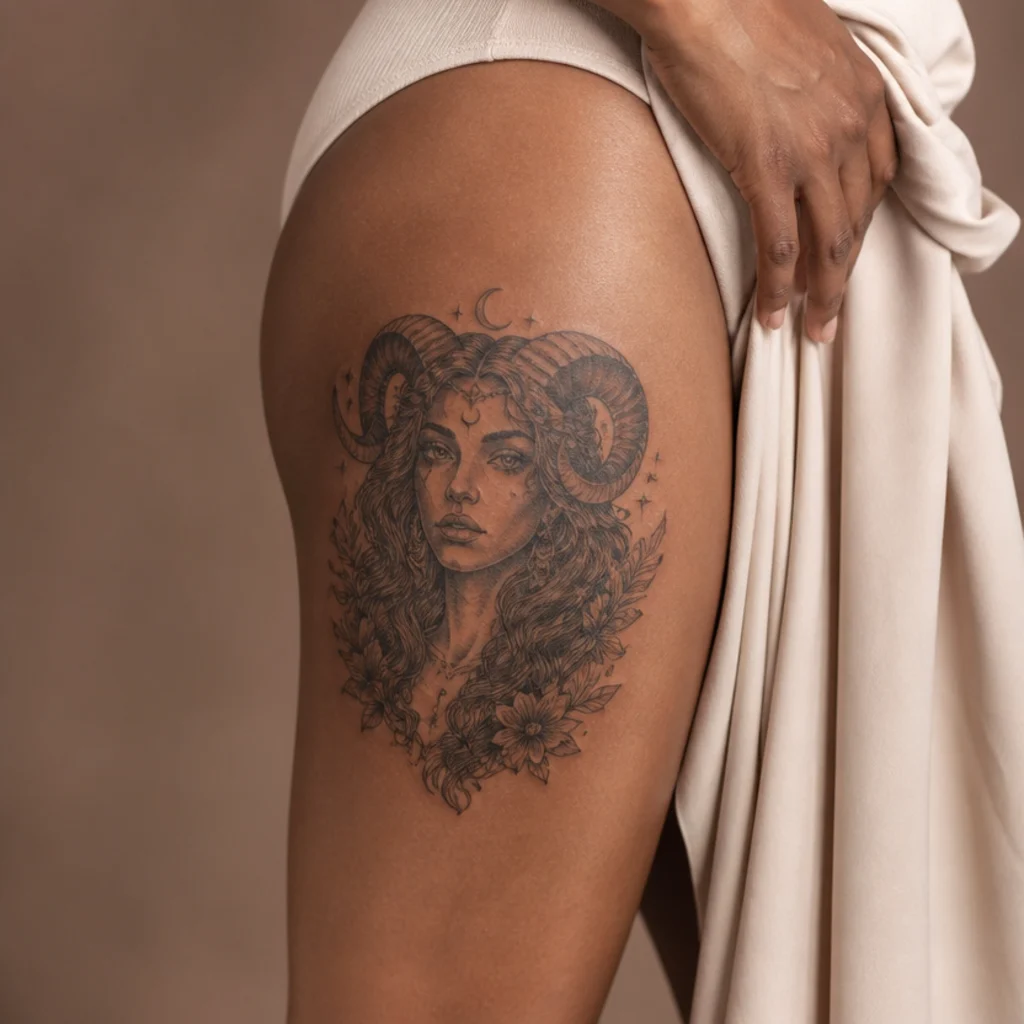 Illustrative feminine goddess figure with ram horns and flowing hair on the outer thigh