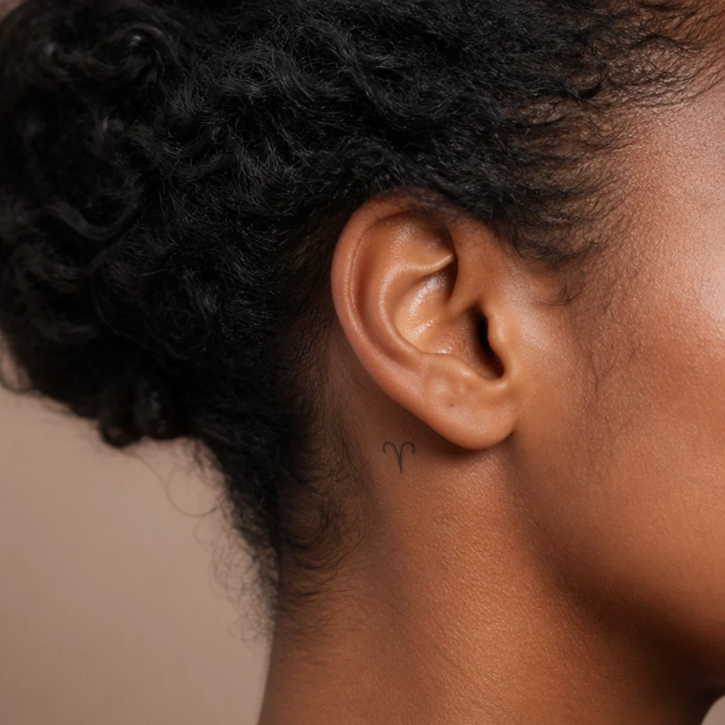 Tiny Aries glyph tattooed in fine black line just behind the ear below the hairline
