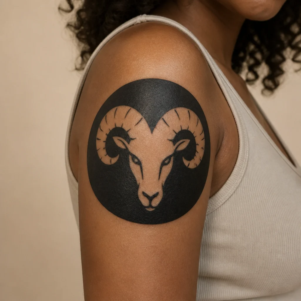 Ram head where the curled horns are formed by untouched skin inside a solid black field on the upper arm