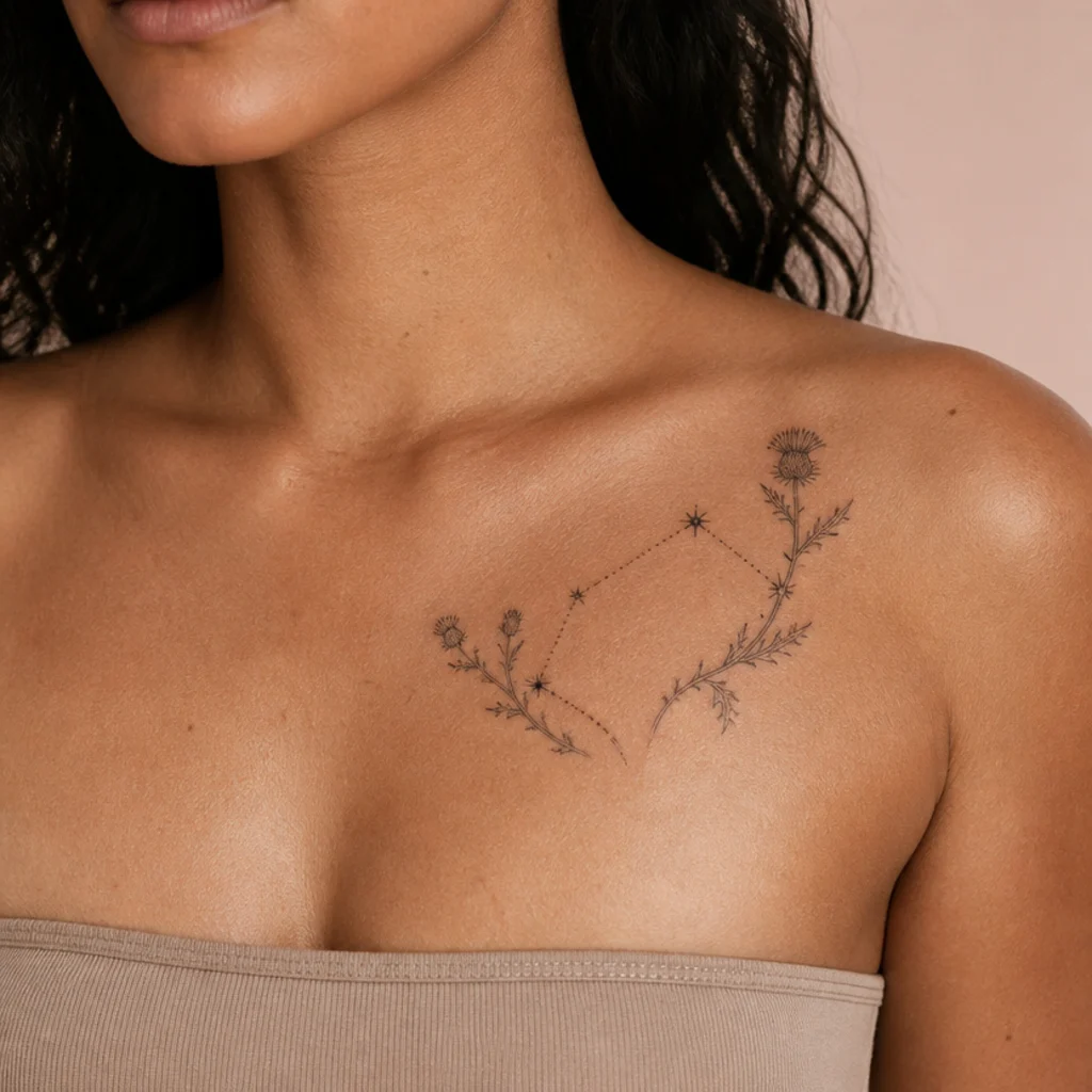 Aries constellation stars linked among fine-line thistle stems on the ribcage