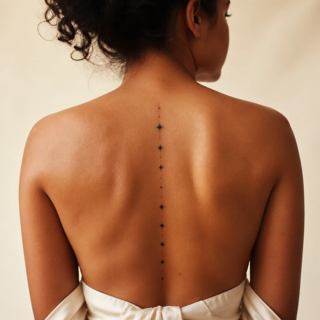 Vertical Aries constellation traced in delicate stars down the center of the spine