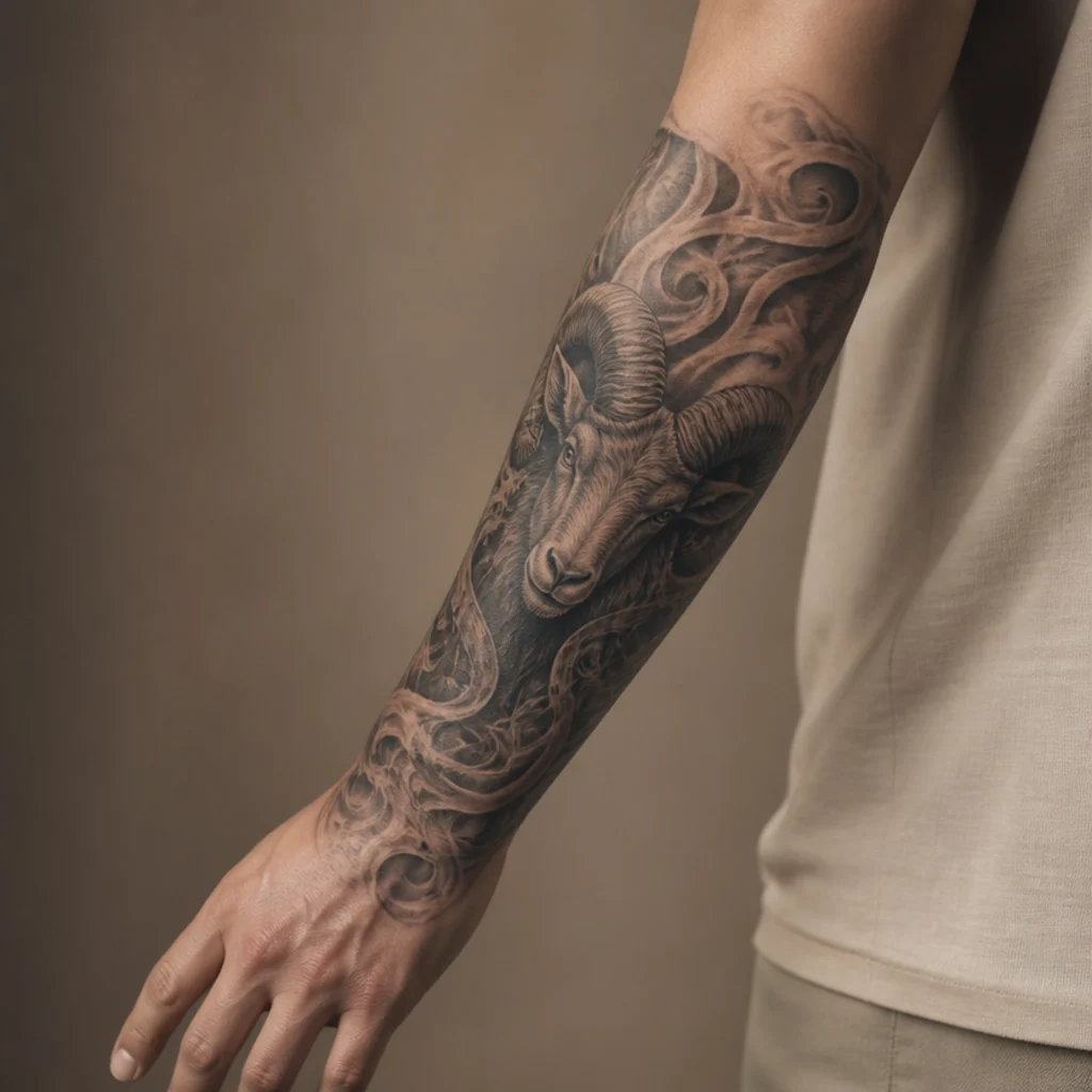 Detailed Aries ram with flowing horns and background flames wrapping a full forearm sleeve