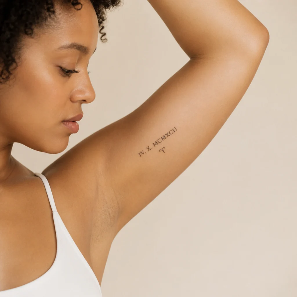 Birth date in slim Roman numerals paired with a tiny Aries glyph along the inner bicep