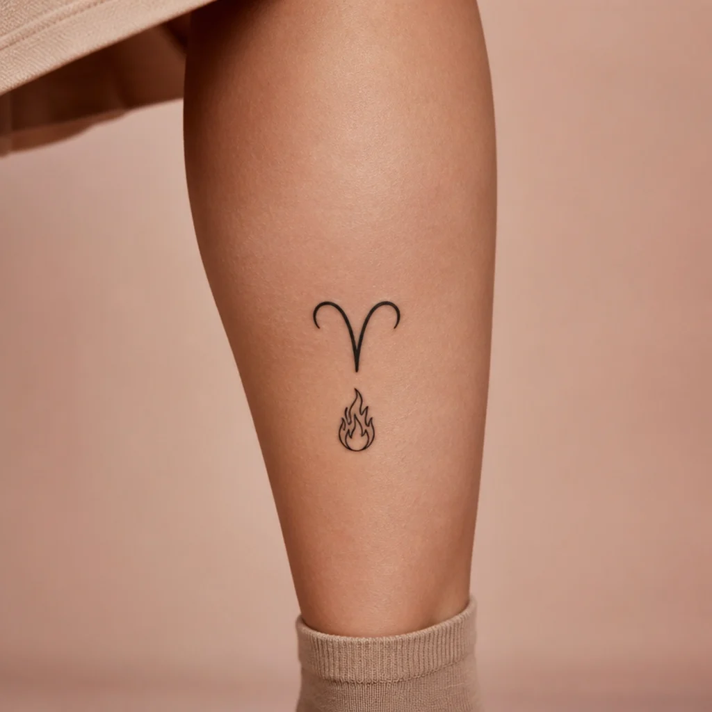 Aries glyph rising from a small stylized flame tattooed on the back of the calf