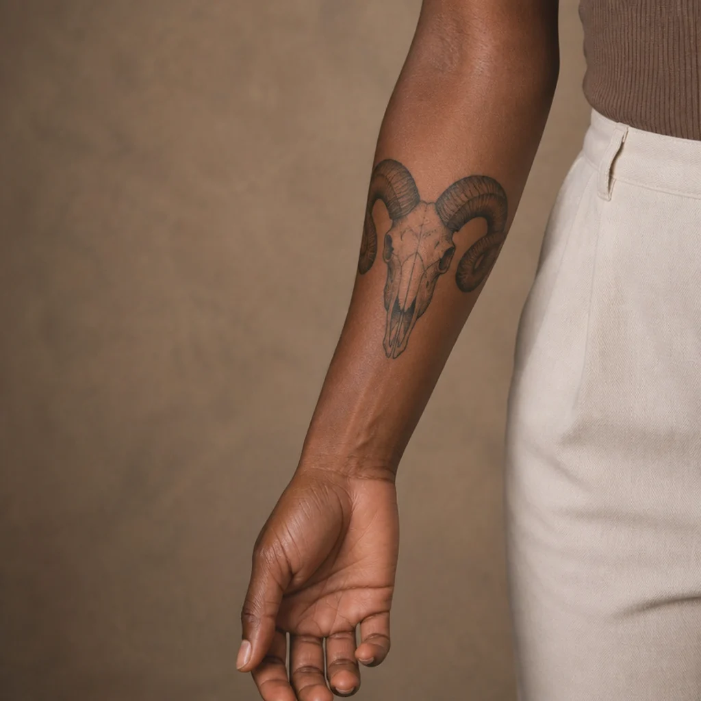 Aries ram skull with curled horns rendered in fine stippled dotwork on the forearm
