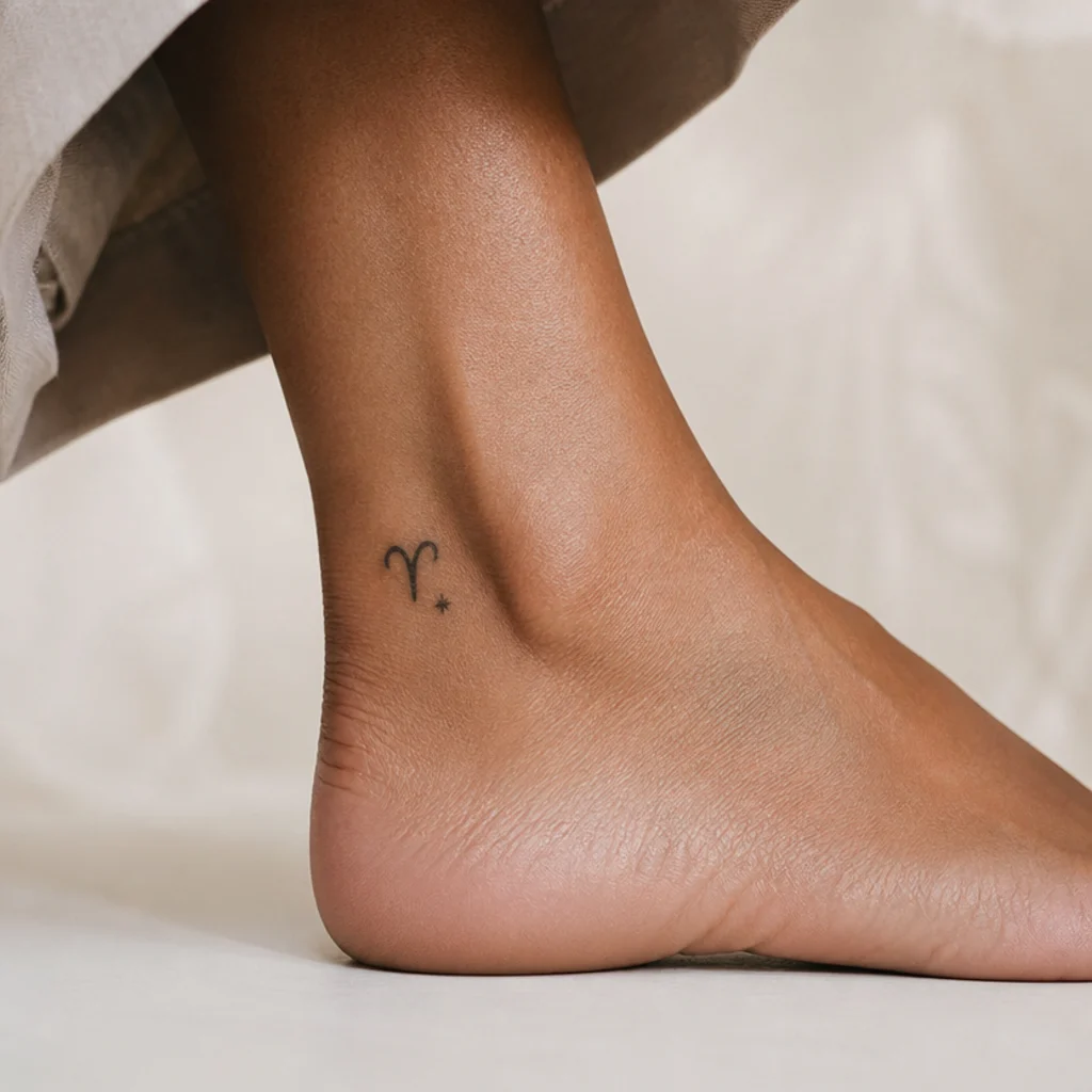 Small Aries glyph with a tiny star tattooed on the outer ankle in fine black line