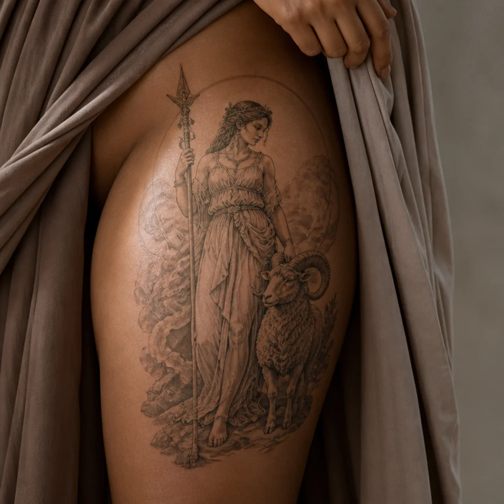 Feminine goddess figure standing beside a ram in illustrative black and grey on the outer thigh