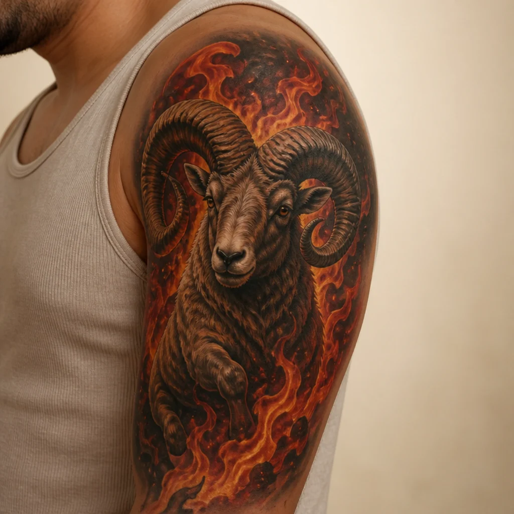 Aries ram surrounded by warm red and orange flames in full color wrapping the upper arm