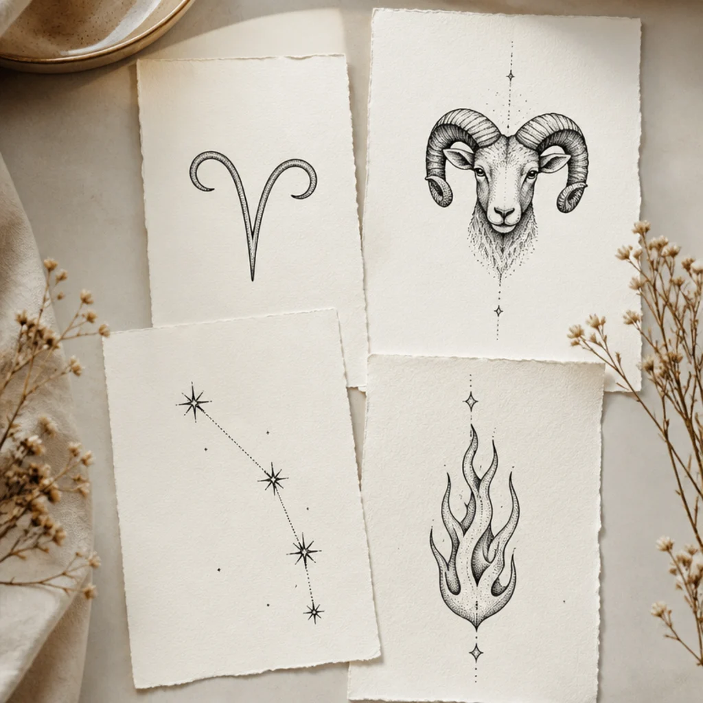 Flat-lay of twenty original Aries tattoo sketches including ram glyph, constellation and fire motifs on ivory paper