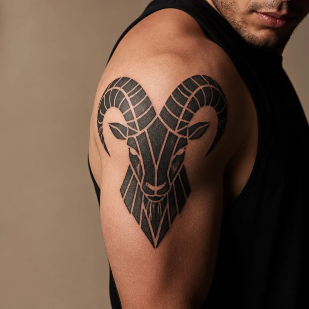 Geometric ram head tattoo with symmetrical curled horns and sharp linework on a man's outer bicep, deep saturated black ink
