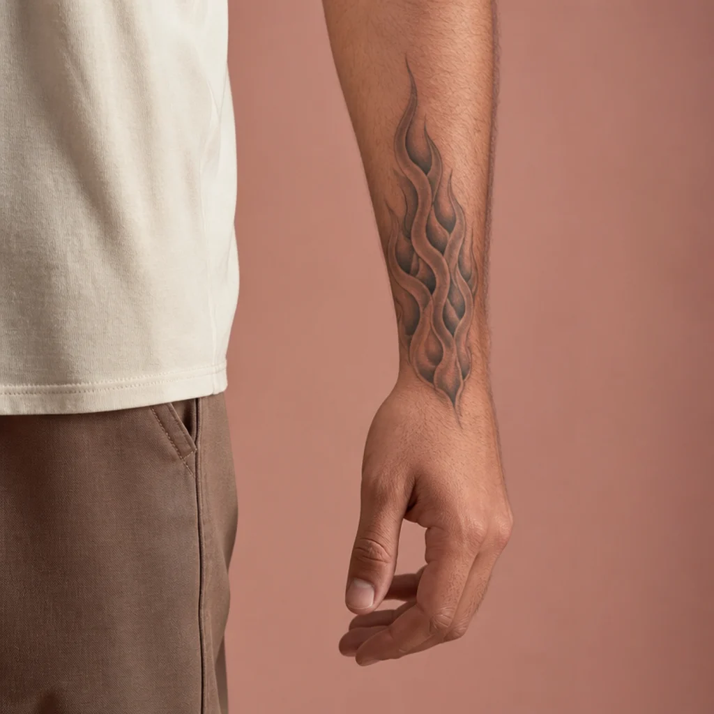 Vertical stylized flame tattoo with soft grey-wash shading running along a man's forearm, smoky black and grey ink