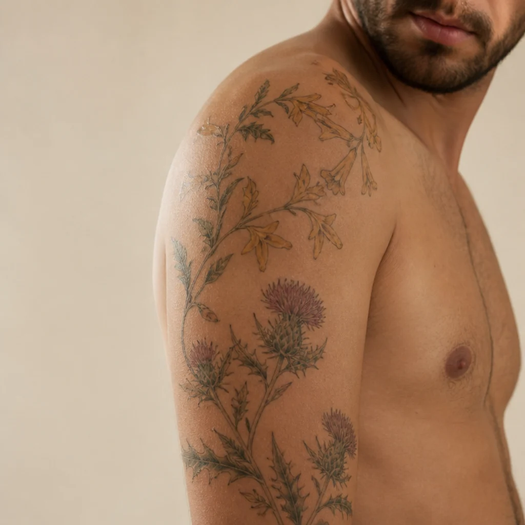 Honeysuckle and thistle floral tattoo wrapping a man's shoulder with fine botanical linework and muted accents