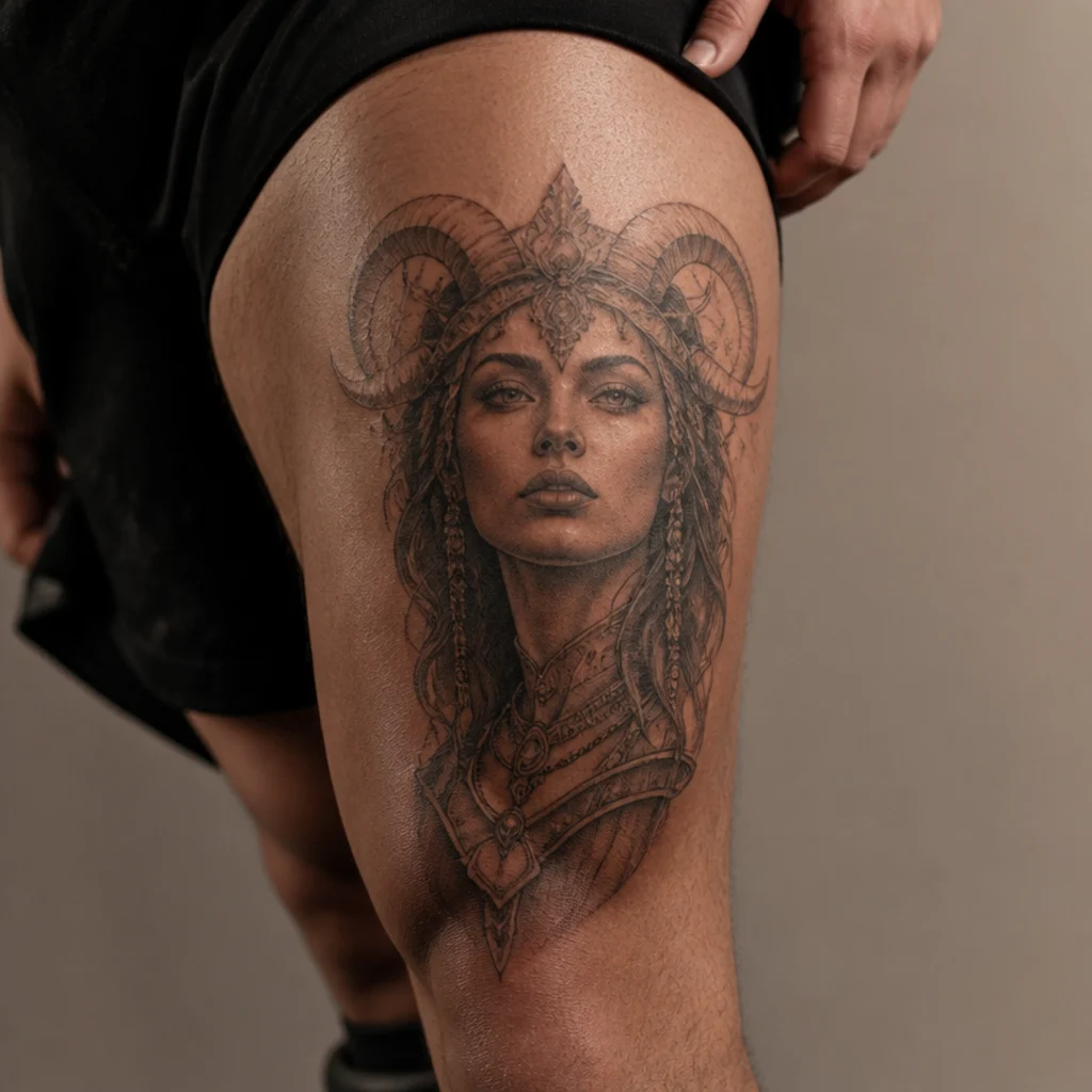Illustrative warrior goddess portrait tattoo crowned with ram horns on a man's outer thigh, fine dotwork and smooth shading