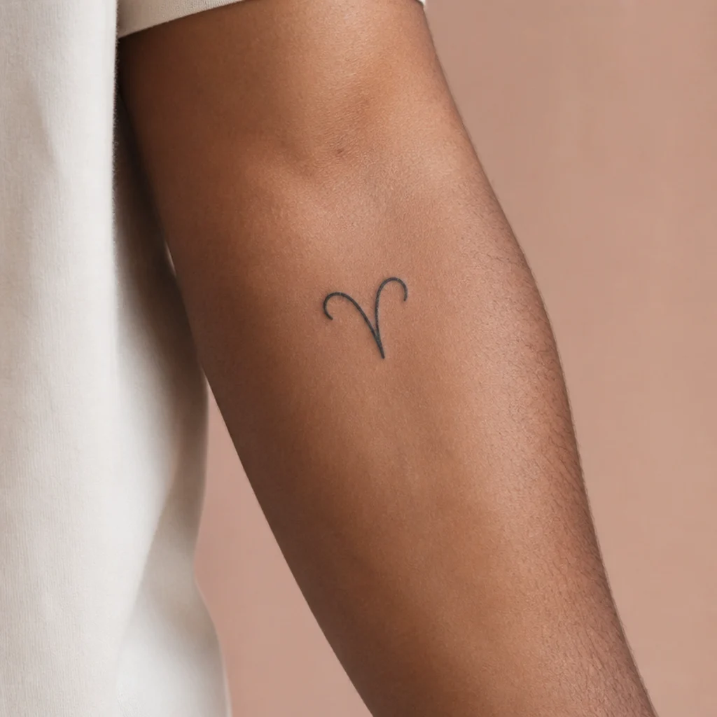 Small Aries glyph tattoo with two clean curved strokes on the inner forearm of a man, thin deliberate black line