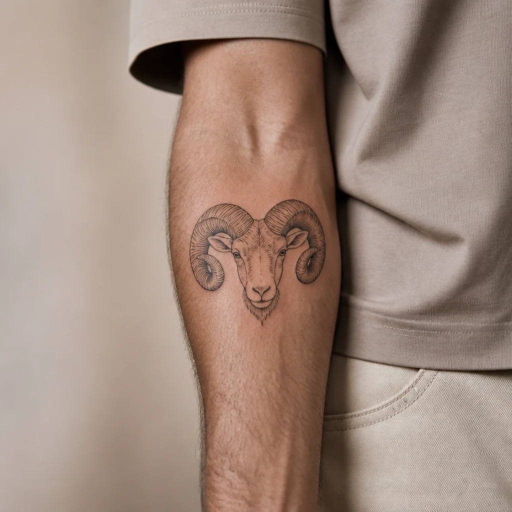 Fine-line black ram head with curled horns tattooed on a man's forearm, healed matte finish