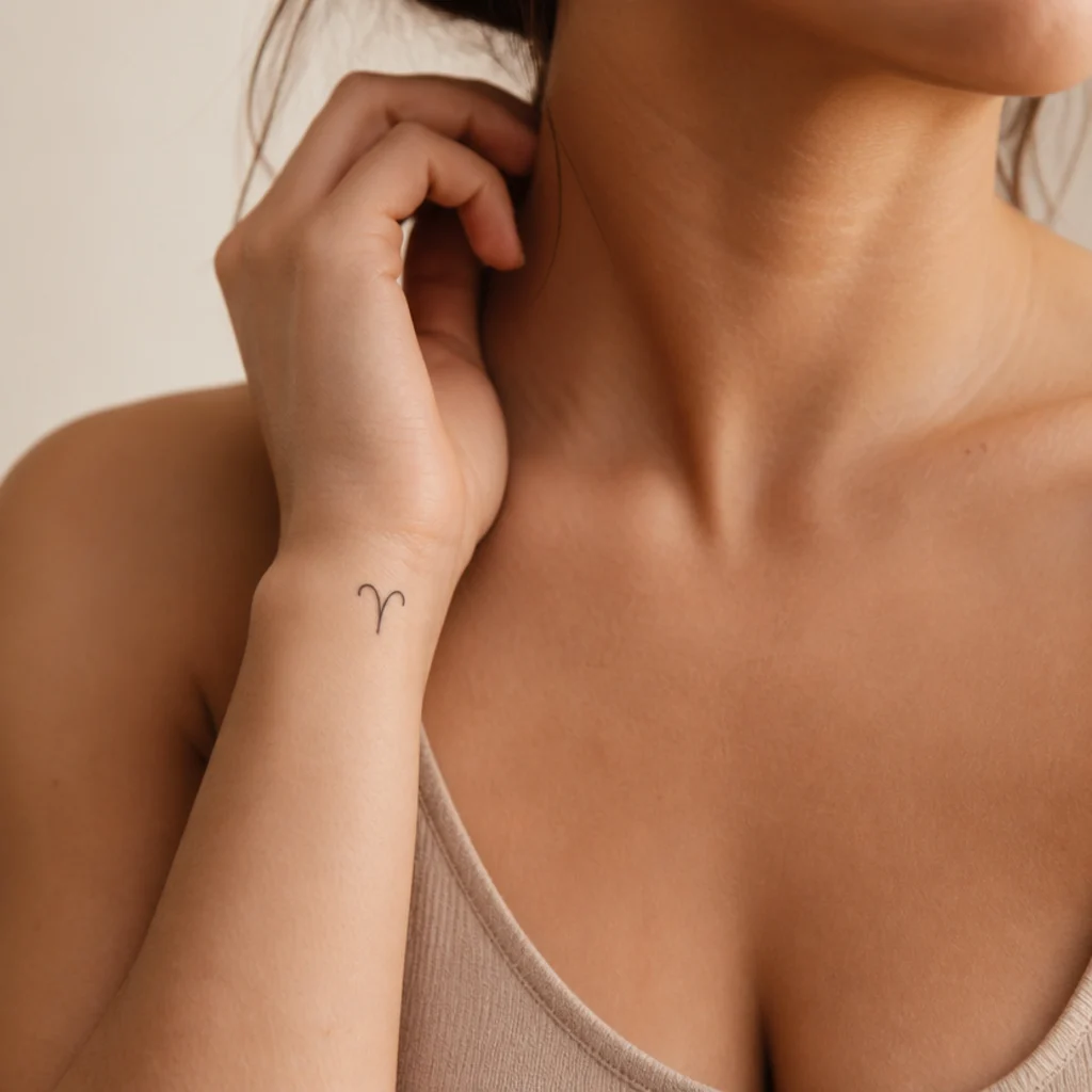One-inch Aries symbol tattoo in thin even black single-needle line centered on a woman's outer wrist