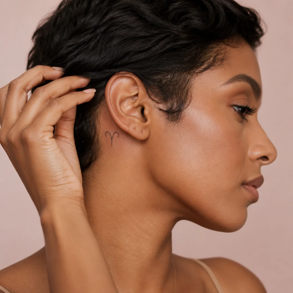 Small Aries glyph tattoo behind a woman's ear revealed as she tucks back short dark hair