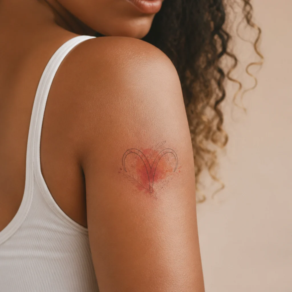 Fine-line ram glyph tattoo with a soft translucent blush watercolor wash on a woman's shoulder