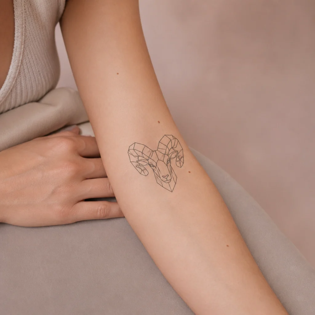 Geometric angular ram head tattoo built from straight black lines on a woman's forearm