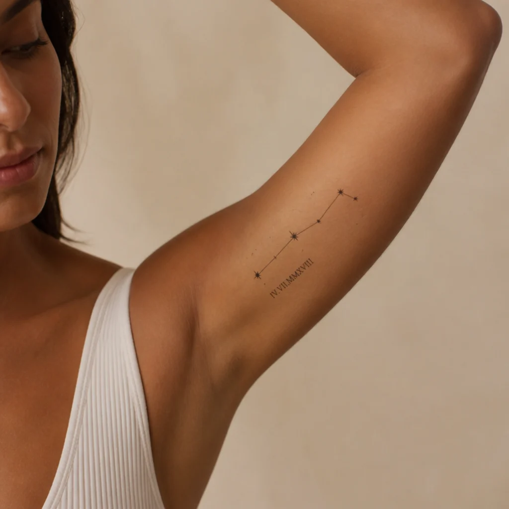 Aries constellation tattoo above small roman numerals date on a woman's inner bicep
