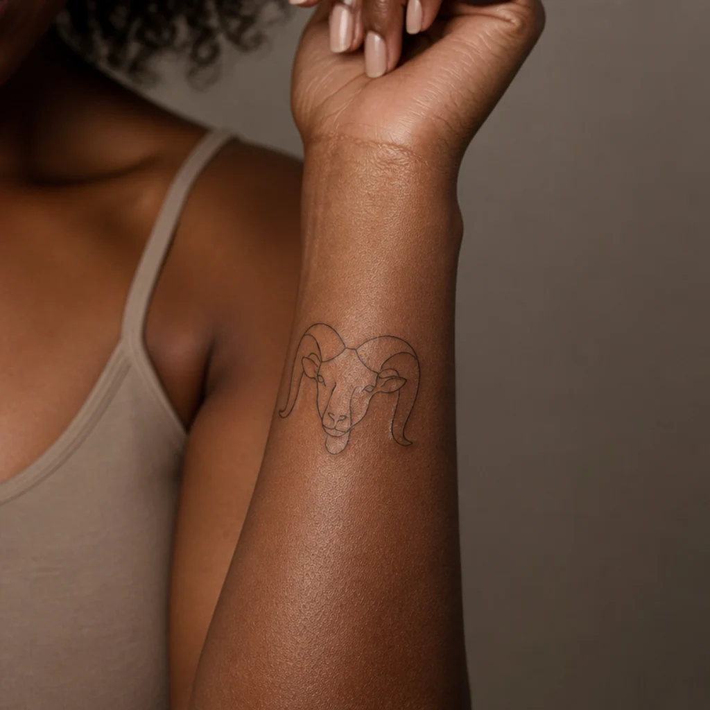 Continuous one-line ram head tattoo drawn in a single unbroken stroke on a woman's inner forearm