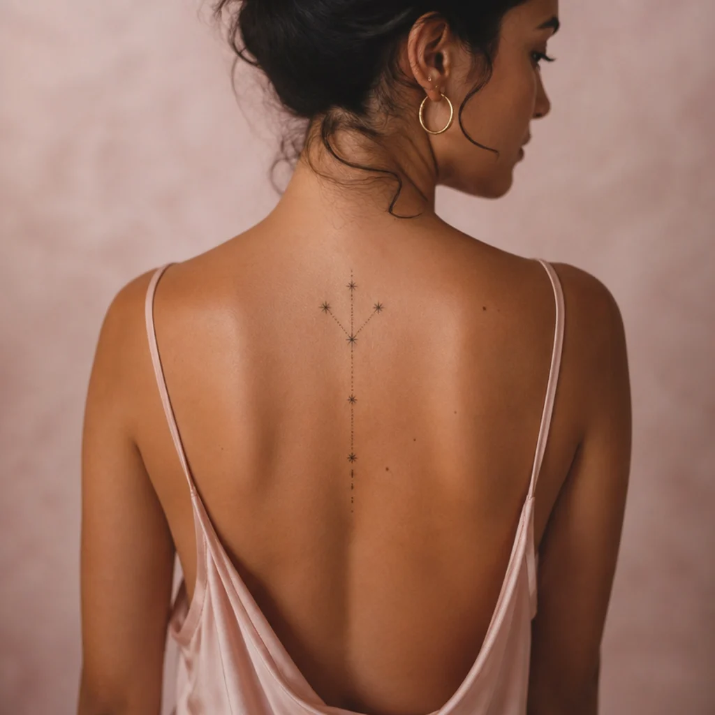 Vertical Aries constellation tattoo running down the upper spine of a woman in an open-back top