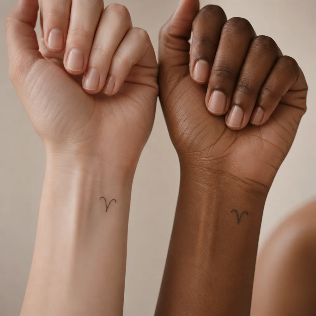 Two matching tiny Aries glyph tattoos on the inner wrists of two friends held together