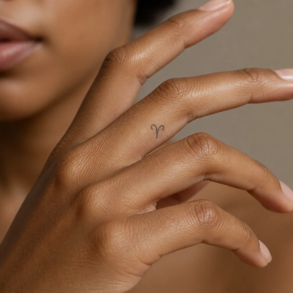 Minuscule Aries symbol tattoo on the side of a woman's finger drawn in a simple line