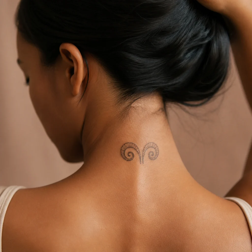 Symmetrical stylized ram horns tattoo in fine line on the back of a woman's neck