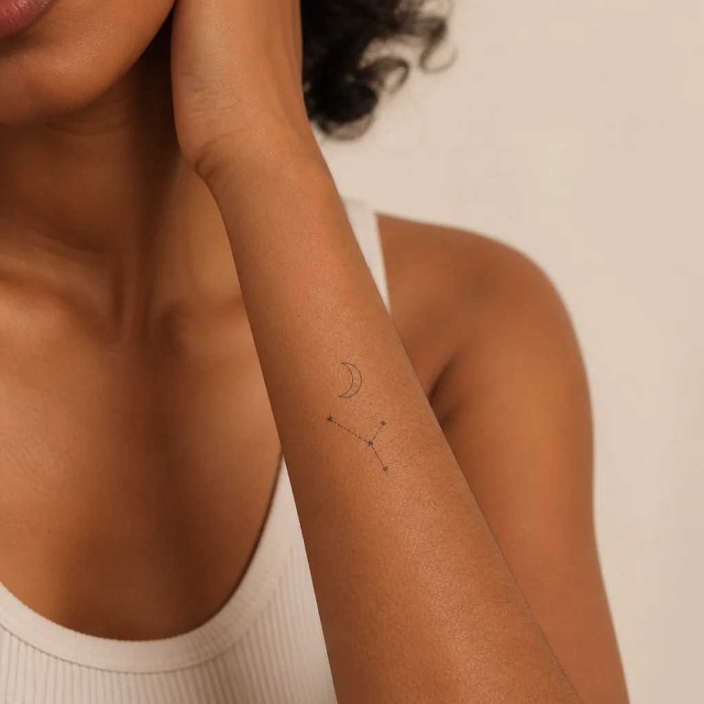 Aries constellation tattoo beside a thin crescent moon outline on a woman's forearm