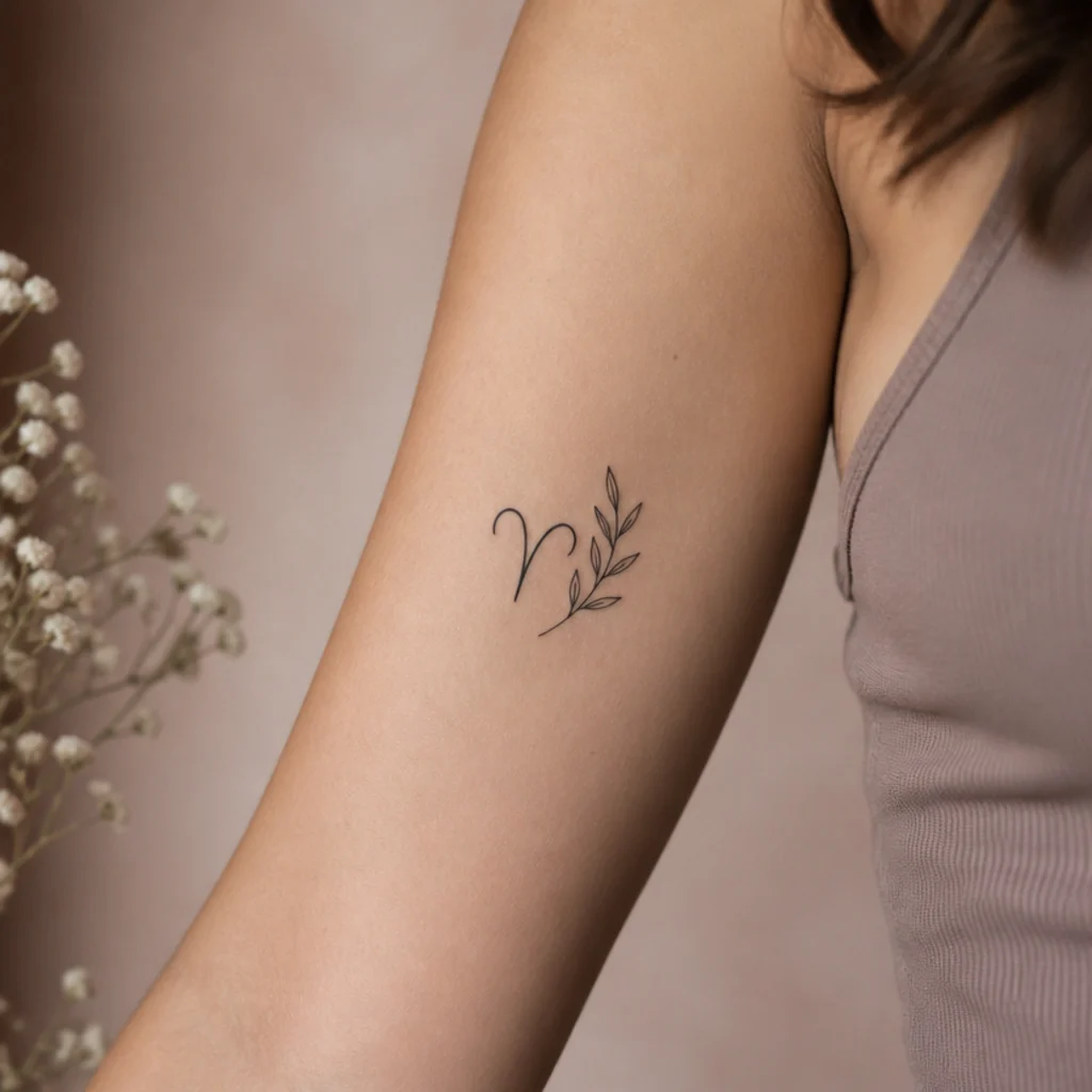 Fine-line Aries glyph paired with a small delicate botanical sprig tattoo on a woman's inner arm