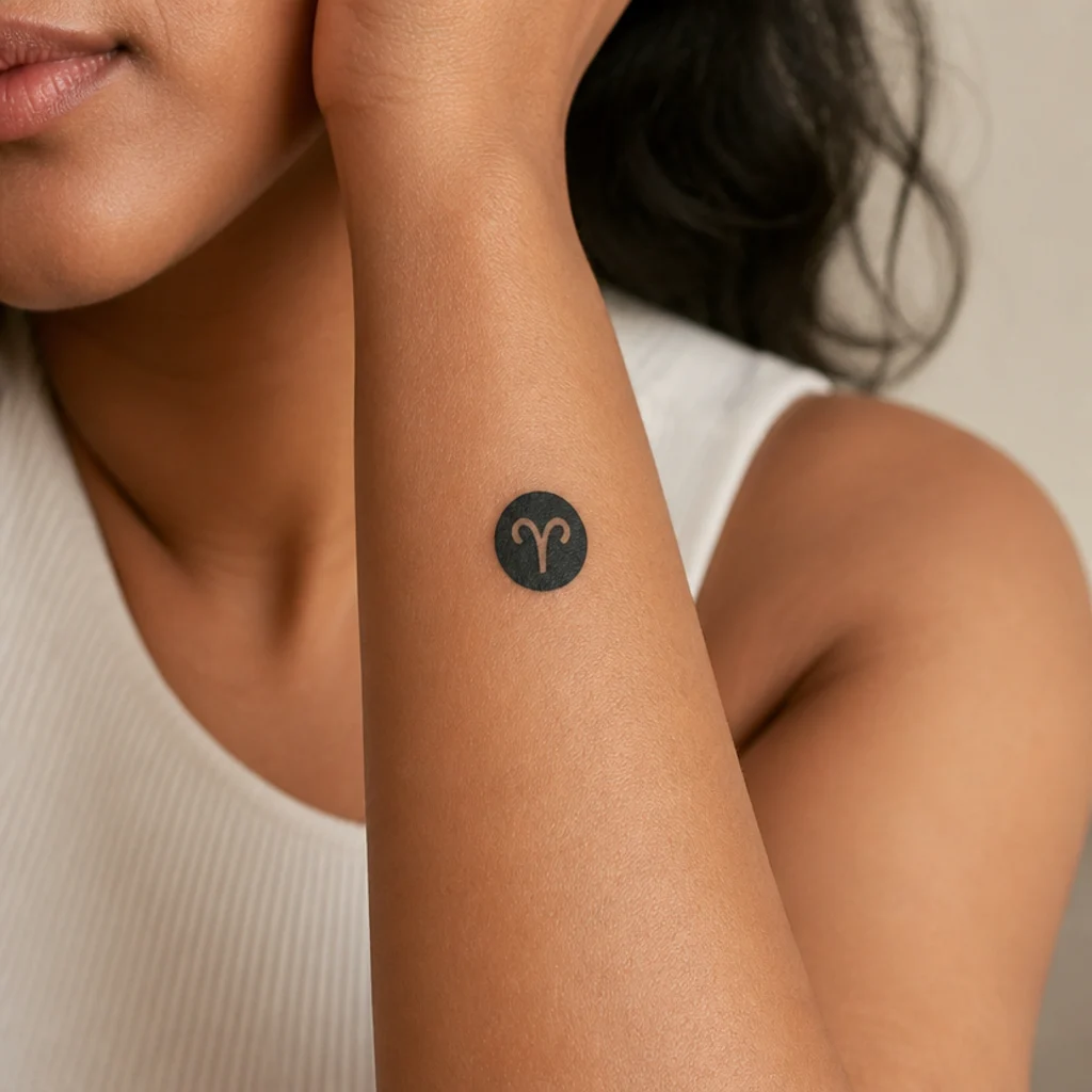 Negative-space Aries symbol left un-inked inside a small solid dark shape on a woman's forearm