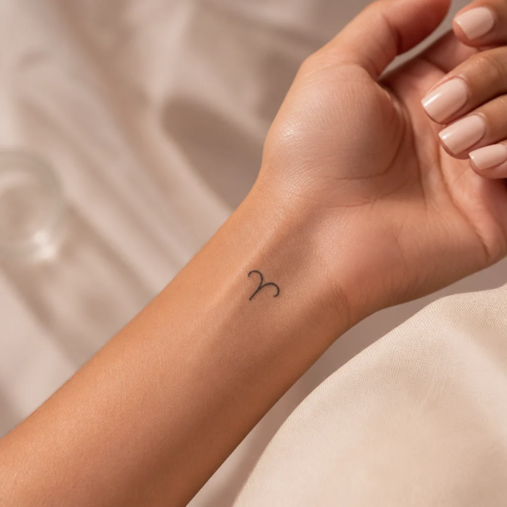 Fine-line minimalist Aries ram glyph tattoo on a woman's inner forearm, soft studio light