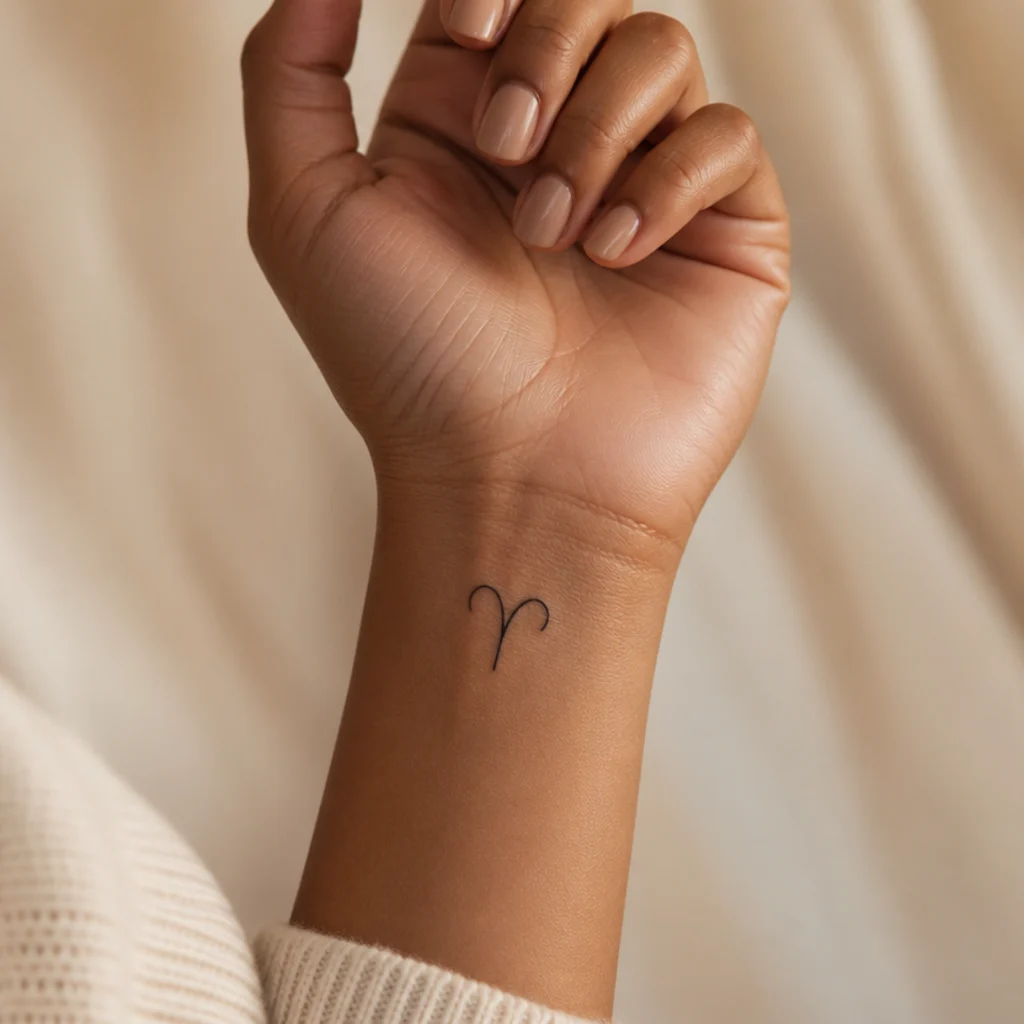 Small minimalist Aries glyph tattoo with two curved horns in thin black linework on a woman's inner wrist