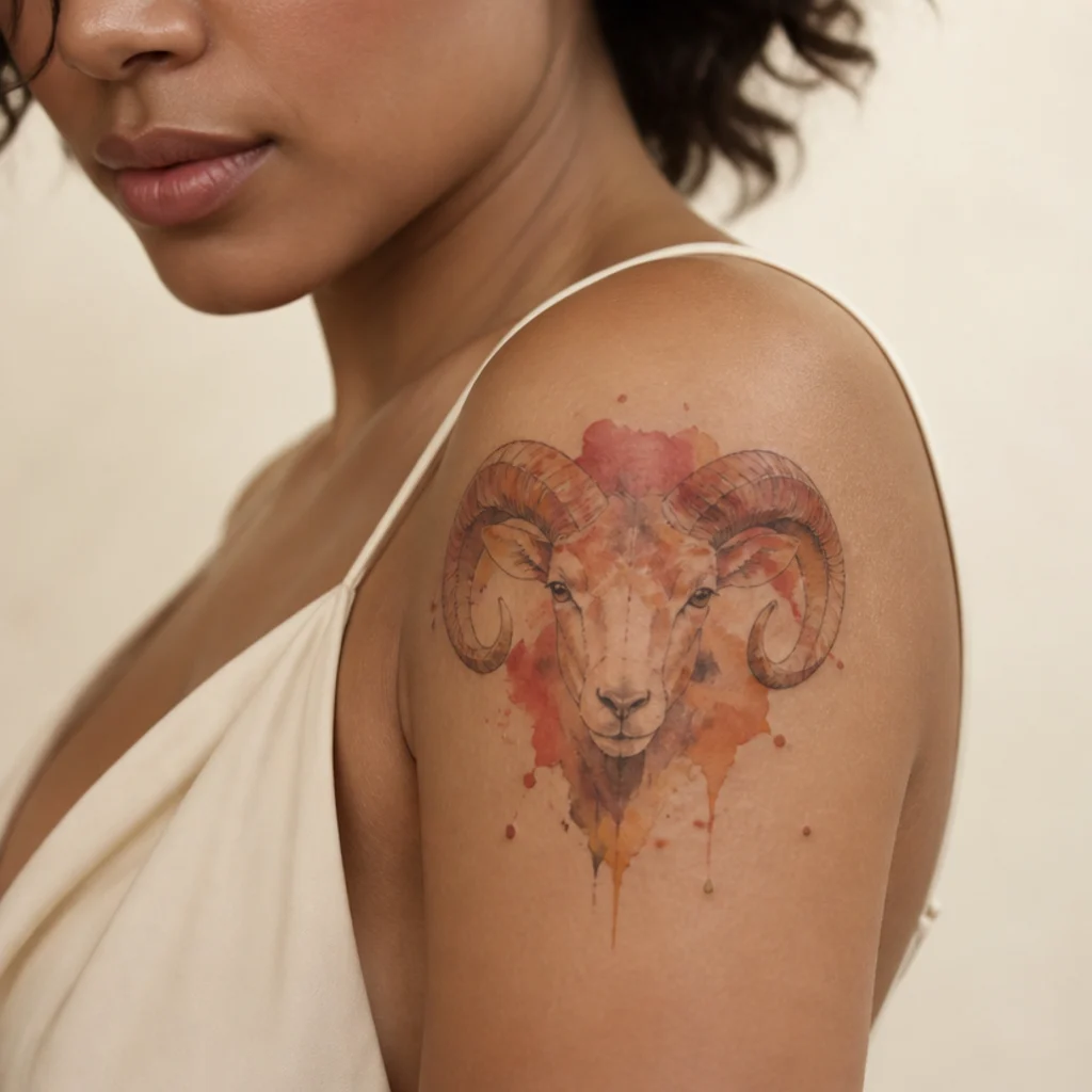 Watercolor Aries ram silhouette tattoo in soft coral and amber washes across a woman's shoulder