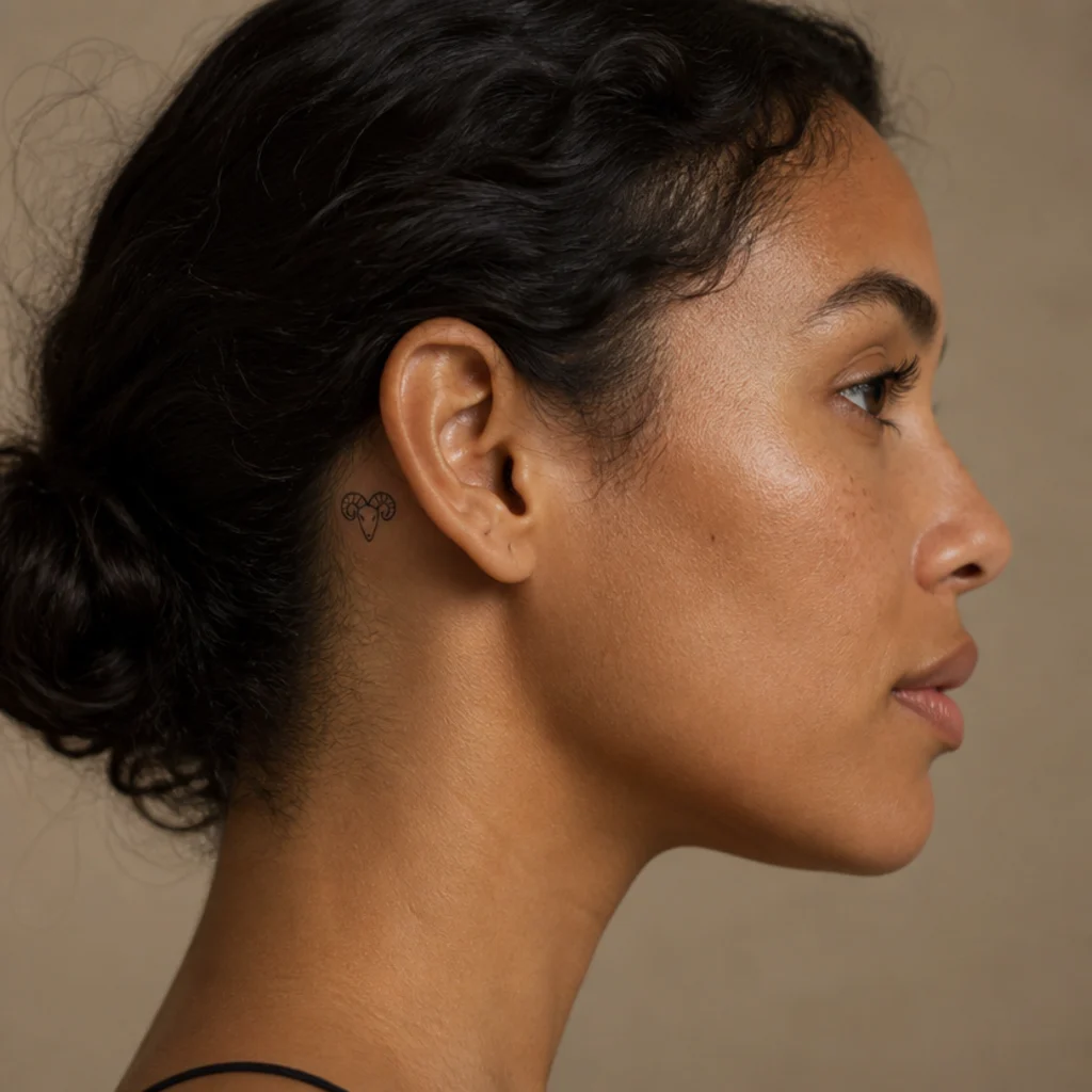 Tiny black ram head tattoo tucked behind a woman's ear with hair swept aside, close editorial angle