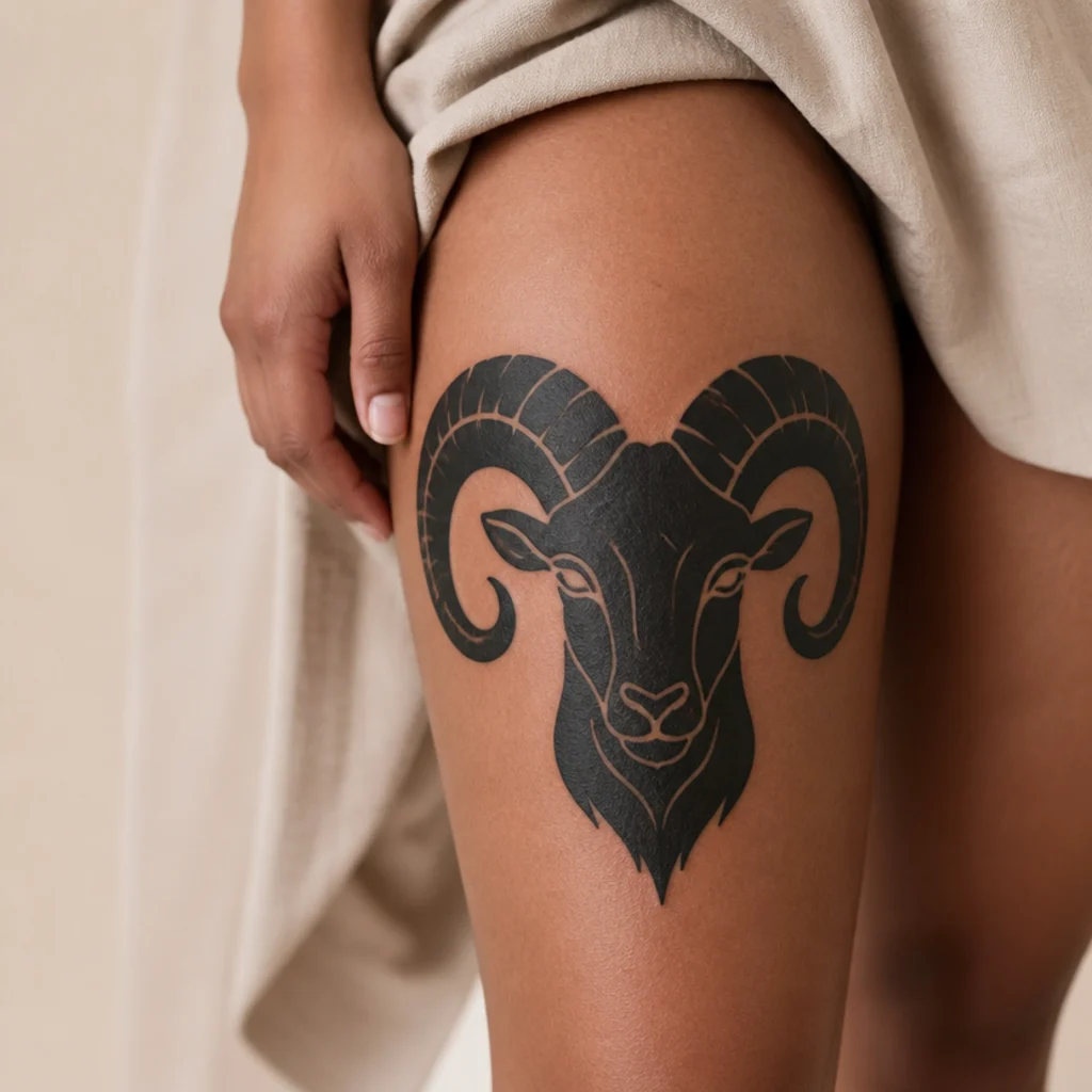 Bold blackwork Aries ram head tattoo with heavy solid fill and curled horns on a woman's thigh