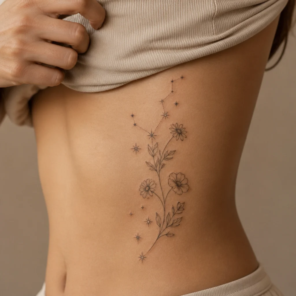 Aries constellation tattoo paired with delicate daisy and sweet pea birth flowers in fine line on a woman's ribcage