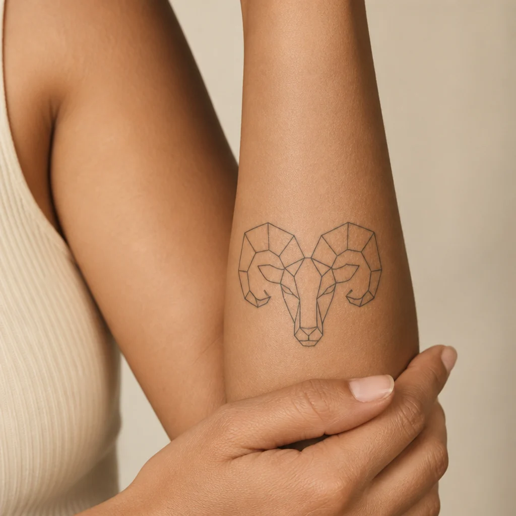 Geometric Aries ram tattoo built from clean straight lines and angles in black on a woman's outer forearm