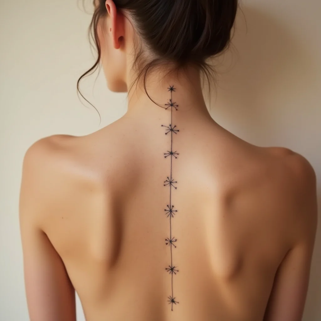 Vertical Aries constellation tattoo of small stars running down a woman's spine in fine black dots