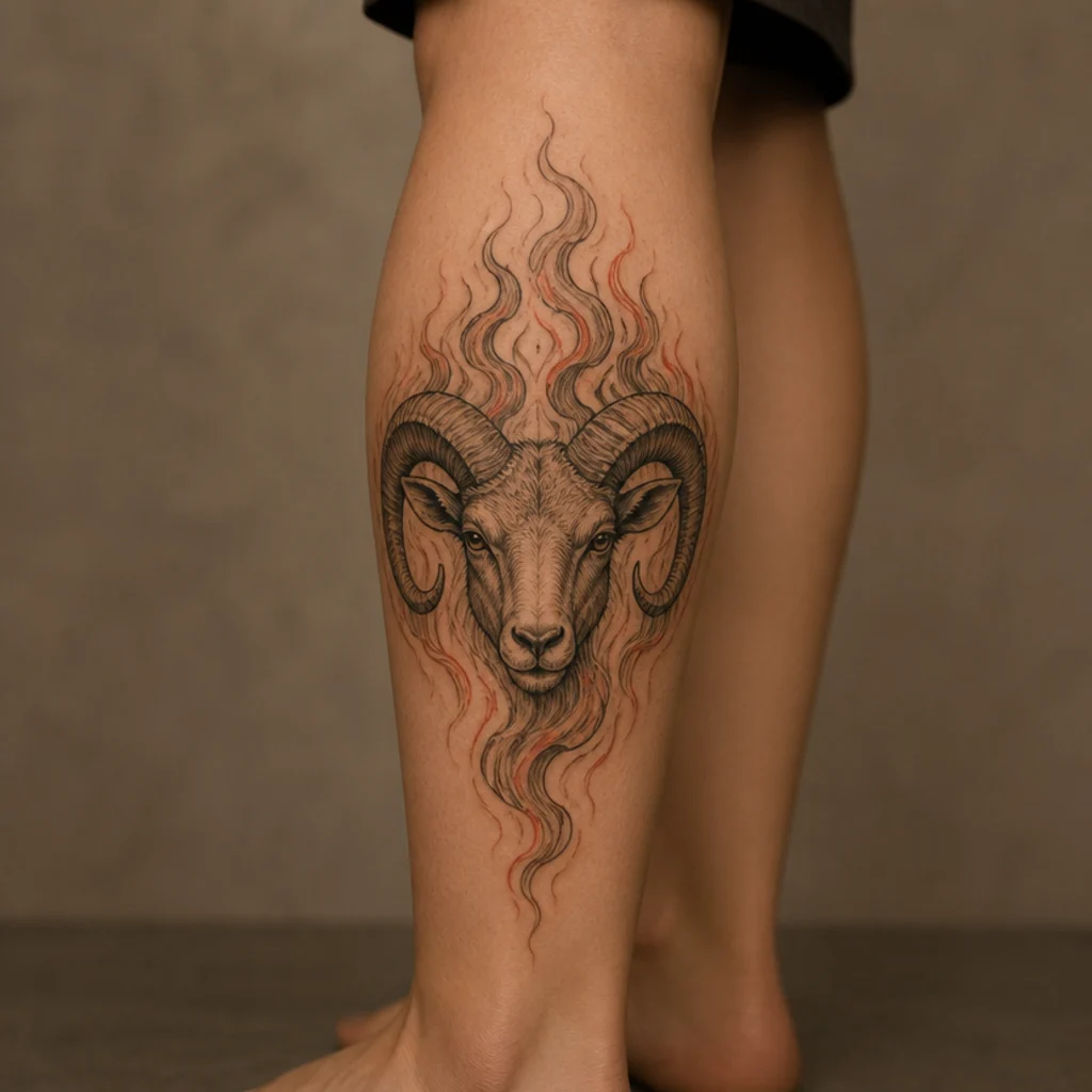 Aries ram head tattoo merging into stylized flames in black and warm red on a woman's calf