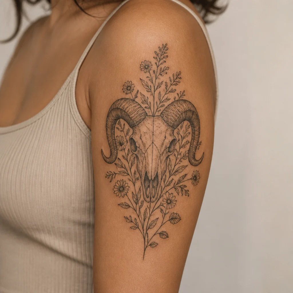 Aries ram skull tattoo softened with fine-line wildflowers and greenery on a woman's upper arm